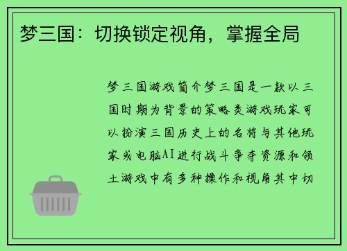 梦三国：切换锁定视角，掌握全局